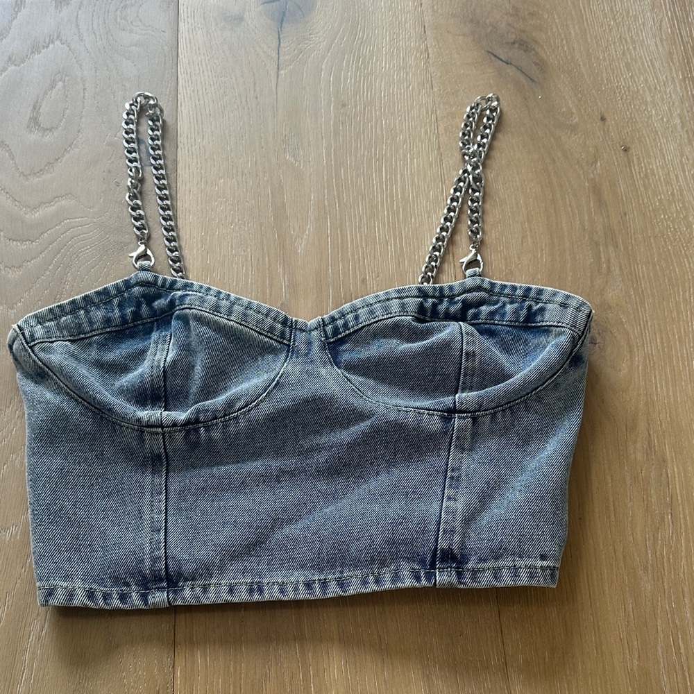 Forever 21 Blue Denim Chain Strap Crop Top